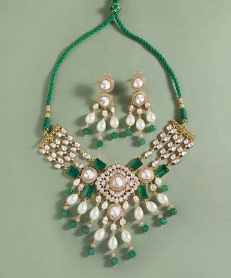 Bridal necklace set with green jades & pearls 3