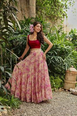 Cream & Pink Digital Floral Printed Tebi Organza Floral Party Wear Lehenga Choli 1