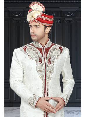 Off White Embroidered Jacquard Stitched Sherwani 3