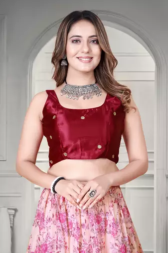 Cream & Pink Digital Floral Printed Tebi Organza Floral Party Wear Lehenga Choli