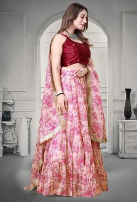 Cream & Pink Digital Floral Printed Tebi Organza Floral Party Wear Lehenga Choli 3