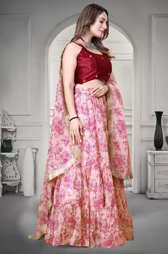 Cream & Pink Digital Floral Printed Tebi Organza Floral Party Wear Lehenga Choli