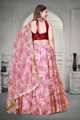 Cream & Pink Digital Floral Printed Tebi Organza Floral Party Wear Lehenga Choli 4