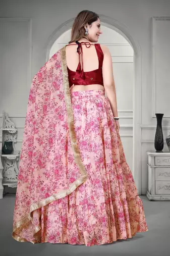 Cream & Pink Digital Floral Printed Tebi Organza Floral Party Wear Lehenga Choli