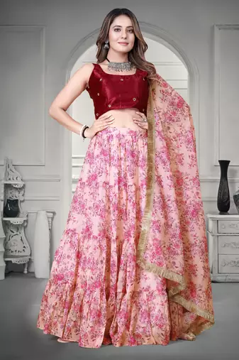 Cream & Pink Digital Floral Printed Tebi Organza Floral Party Wear Lehenga Choli