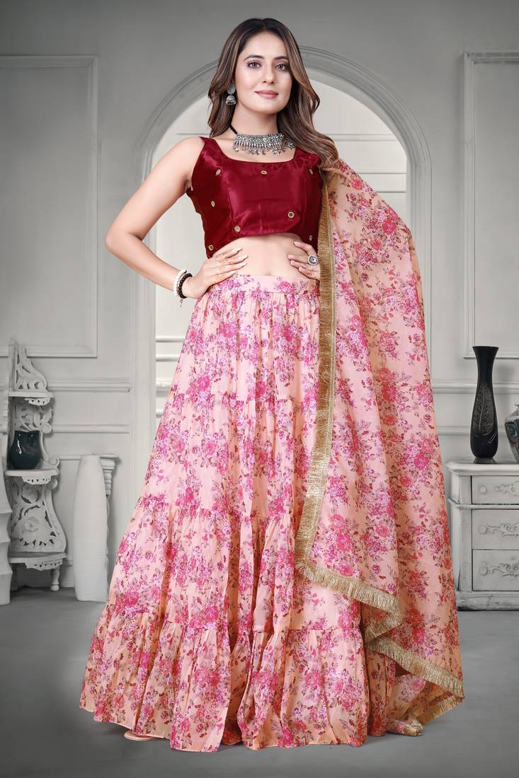 Cream & Pink Digital Floral Printed Tebi Organza Floral Party Wear Lehenga Choli