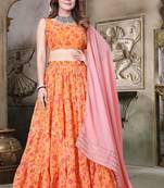 Fascinating Mustard Yellow Digital Floral Printed Tebi Organza Semi Stitched Floral Latest Lehenga Choli Designs