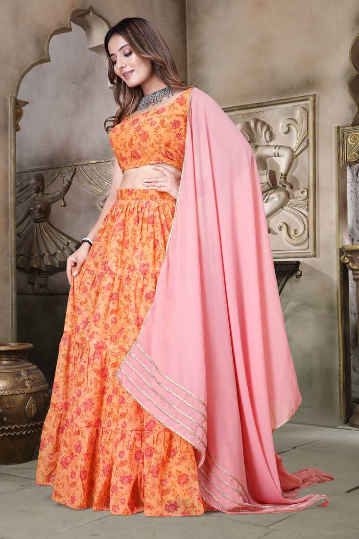 Fascinating Mustard Yellow Digital Floral Printed Tebi Organza Semi Stitched Floral Latest Lehenga Choli Designs