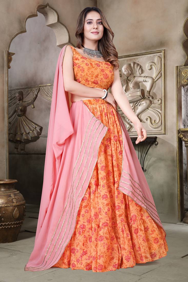 Fascinating Mustard Yellow Digital Floral Printed Tebi Organza Semi Stitched Floral Latest Lehenga Choli Designs