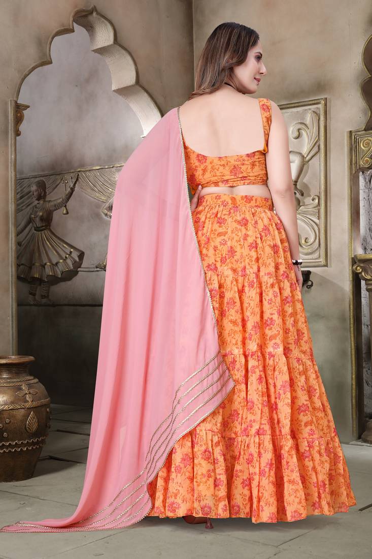 Fascinating Mustard Yellow Digital Floral Printed Tebi Organza Semi Stitched Floral Latest Lehenga Choli Designs