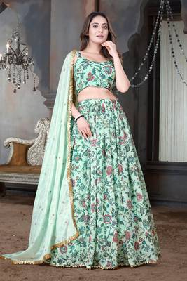Light Pista & Green Digital Floral Printed Weightless Georgette Semi Stitched Floral Lehenga 1