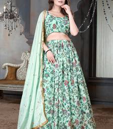 Light Pista & Green Digital Floral Printed Weightless Georgette Semi Stitched Floral Lehenga