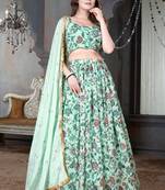 Light Pista & Green Digital Floral Printed Weightless Georgette Semi Stitched Floral Lehenga