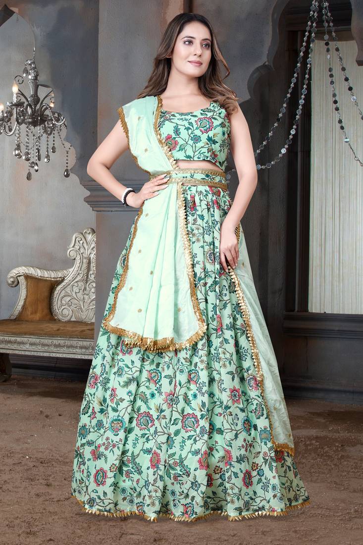 Light Pista & Green Digital Floral Printed Weightless Georgette Semi Stitched Floral Lehenga