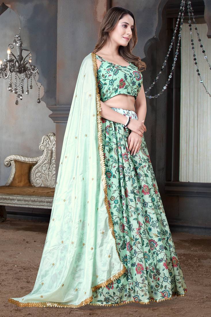 Light Pista & Green Digital Floral Printed Weightless Georgette Semi Stitched Floral Lehenga