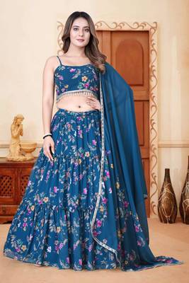 Rama Blue Digital Floral Printed Weightless Georgette Semi Stitched Floral Lehenga Crop Top 1