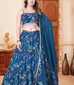 Rama Blue Digital Floral Printed Weightless Georgette Semi Stitched Floral Lehenga Crop Top