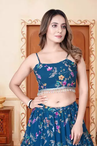 Rama Blue Digital Floral Printed Weightless Georgette Semi Stitched Floral Lehenga Crop Top