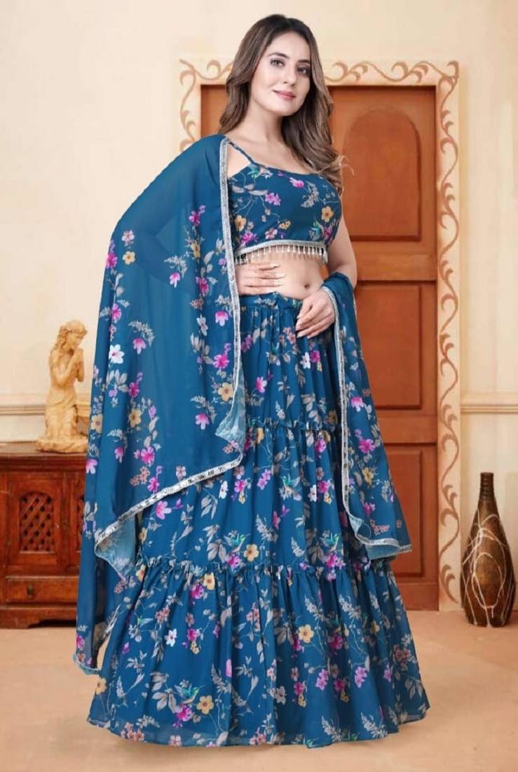 Rama Blue Digital Floral Printed Weightless Georgette Semi Stitched Floral Lehenga Crop Top