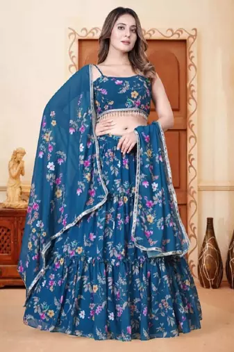 Rama Blue Digital Floral Printed Weightless Georgette Semi Stitched Floral Lehenga Crop Top