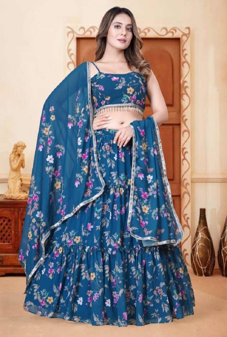 Rama Blue Digital Floral Printed Weightless Georgette Semi Stitched Floral Lehenga Crop Top