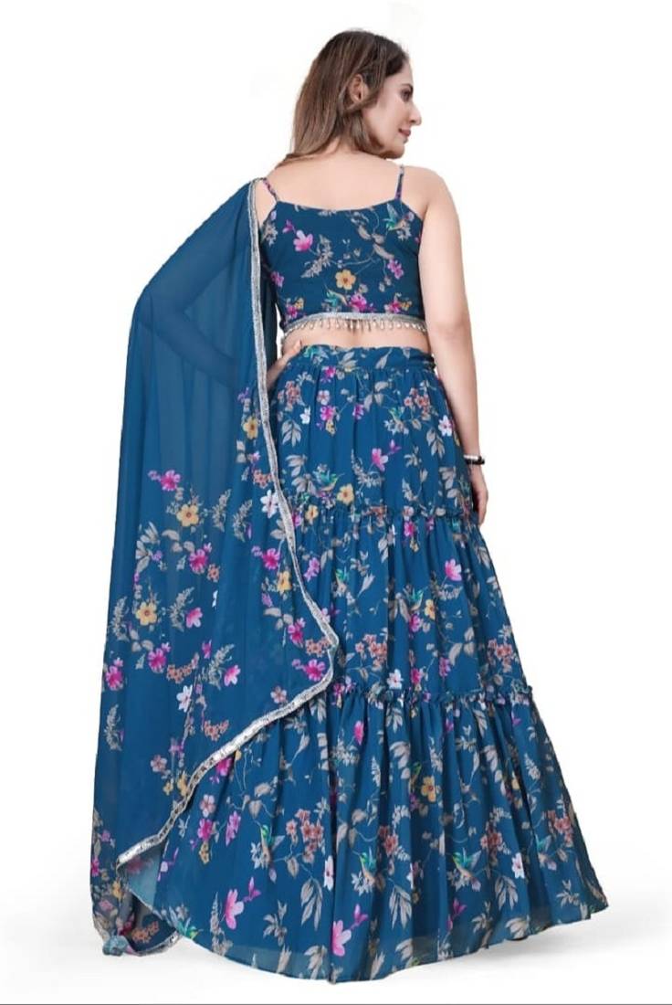 Rama Blue Digital Floral Printed Weightless Georgette Semi Stitched Floral Lehenga Crop Top
