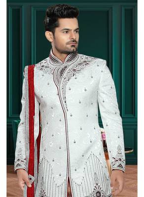 Off White Embroidered Jacquard Stitched Sherwani 3
