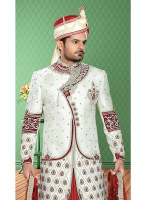 Off White Embroidered Jacquard Stitched Sherwani 3