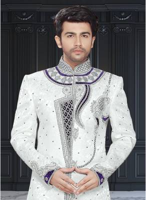 White Embroidered Brocade Stitched Sherwani 3