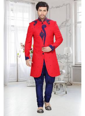 Red Embroidered Art Silk Stitched Sherwani 2