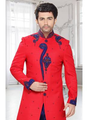 Red Embroidered Art Silk Stitched Sherwani 3