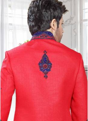 Red Embroidered Art Silk Stitched Sherwani 4