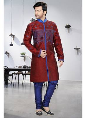 maroon embroidered art silk stitched sherwani 2