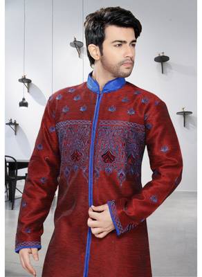 maroon embroidered art silk stitched sherwani 3
