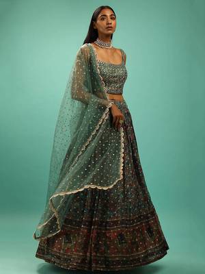 green silk sequin embroidered lehenga set choli with dupatta 1