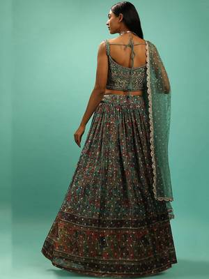 green silk sequin embroidered lehenga set choli with dupatta 2