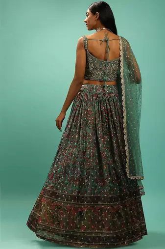 green silk sequin embroidered lehenga set choli with dupatta