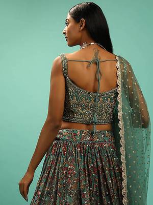 green silk sequin embroidered lehenga set choli with dupatta 3