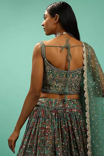 green silk sequin embroidered lehenga set choli with dupatta