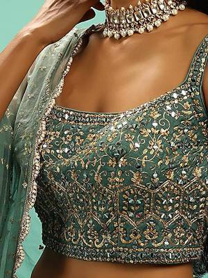 green silk sequin embroidered lehenga set choli with dupatta 4