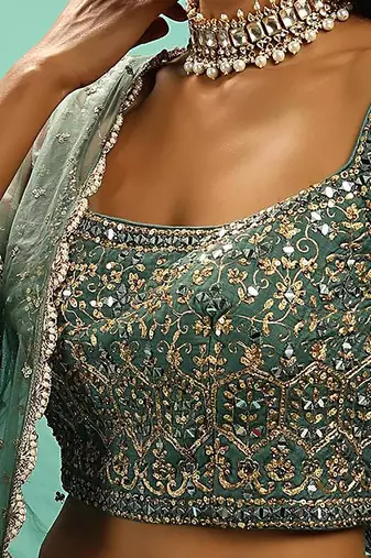 green silk sequin embroidered lehenga set choli with dupatta