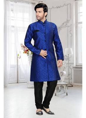 Blue Woven Jacquard Stitched Sherwani 2