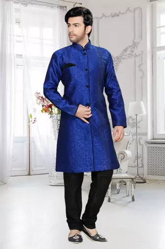 Blue Woven Jacquard Stitched Sherwani