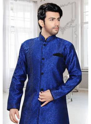Blue Woven Jacquard Stitched Sherwani 3