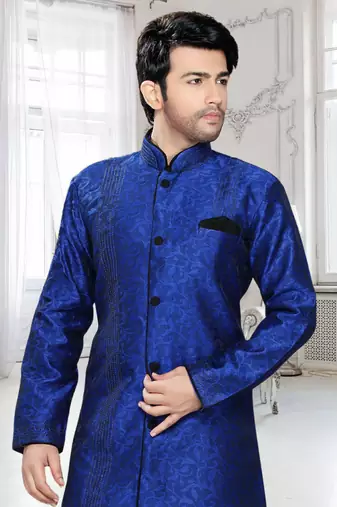 Blue Woven Jacquard Stitched Sherwani