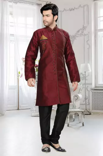 Maroon Embroidered Art Silk Stitched Sherwani