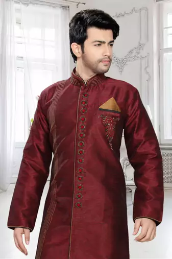 Maroon Embroidered Art Silk Stitched Sherwani