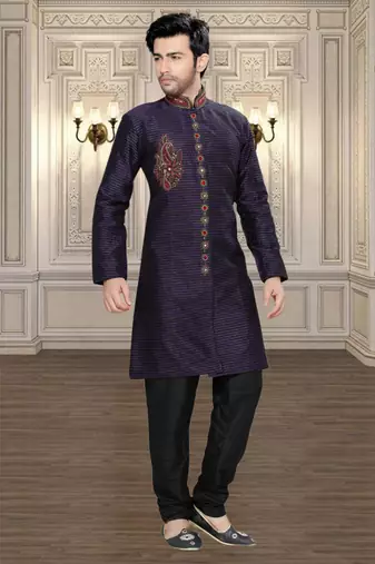 Blue Embroidered Art Silk Stitched Sherwani