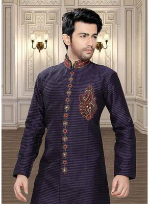 Blue Embroidered Art Silk Stitched Sherwani 3