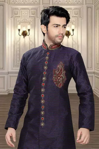 Blue Embroidered Art Silk Stitched Sherwani